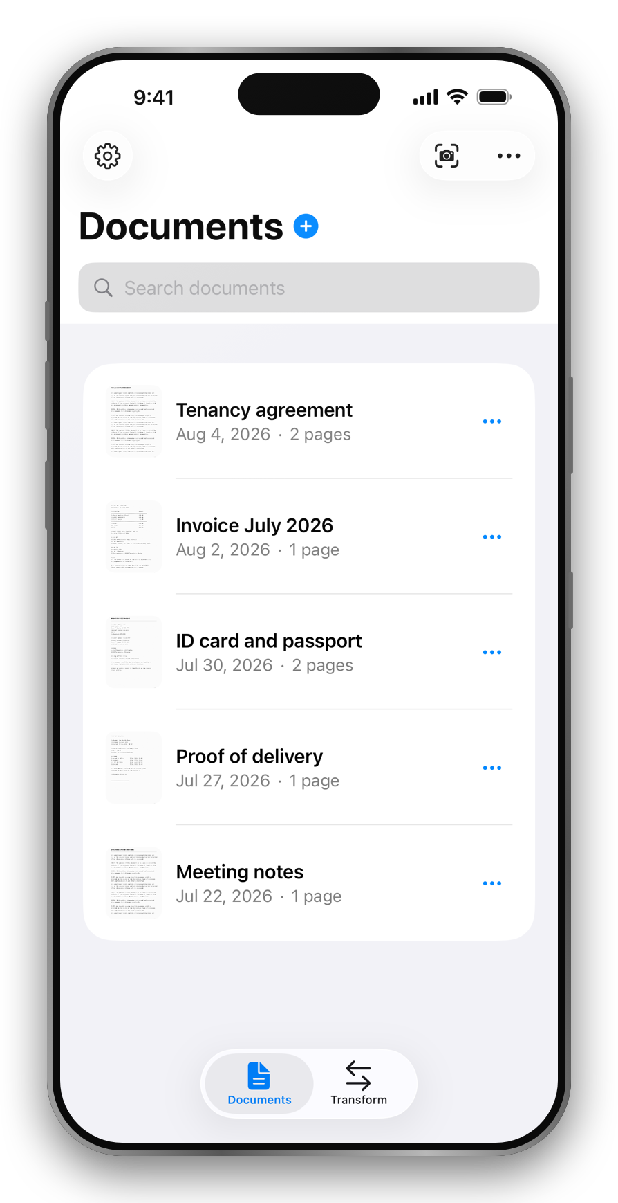 Priveo on an iPhone, showing the library of scanned documents