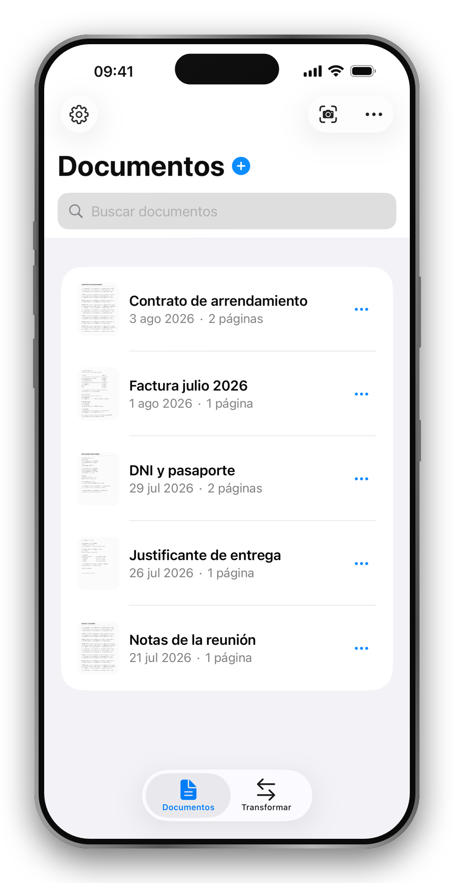 Priveo en un iPhone, con la biblioteca de documentos escaneados
